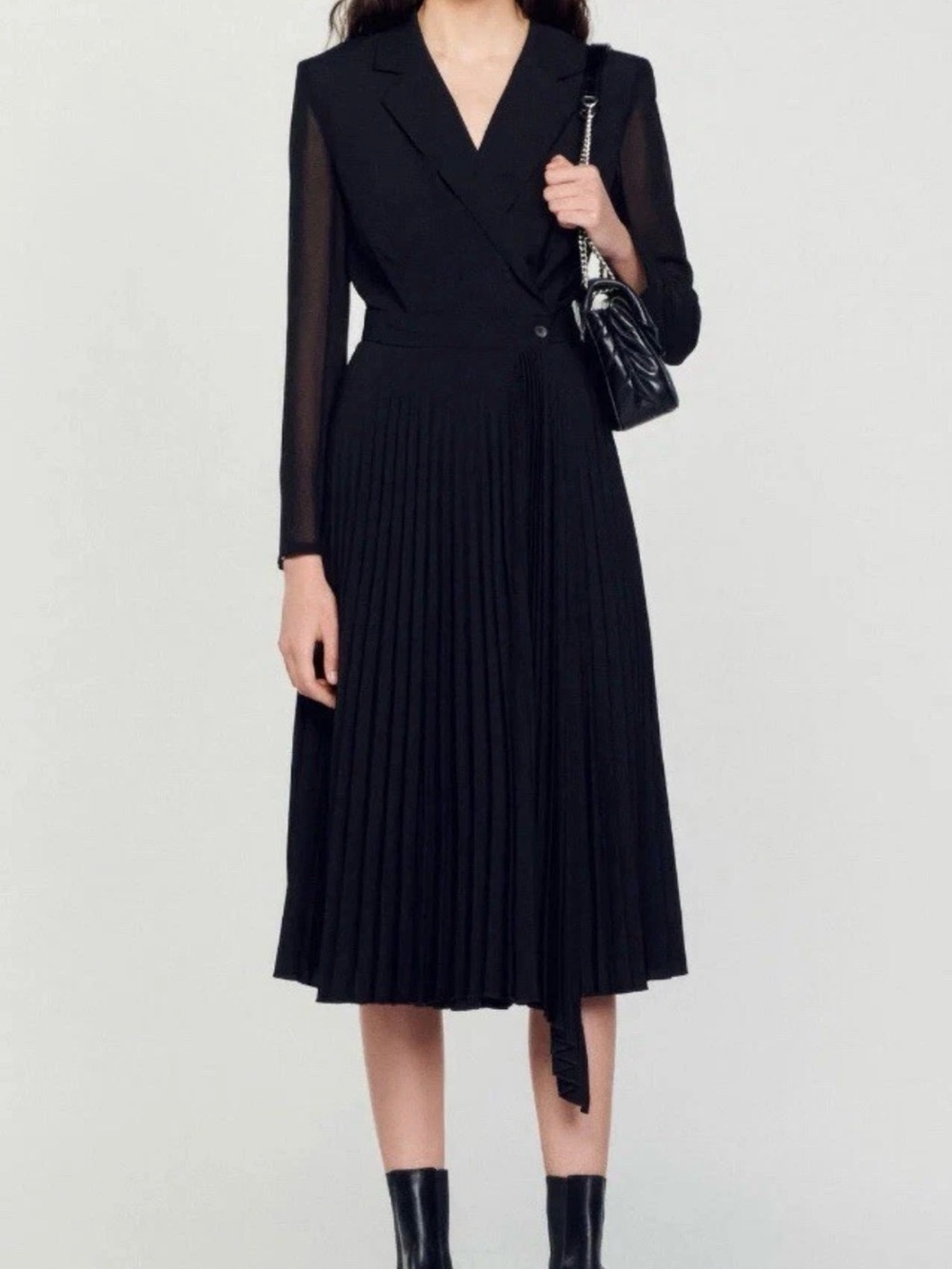 Sandro Paris Elegant Black Pleated Wrap Midi Dress with Sheer Sleeves size 38